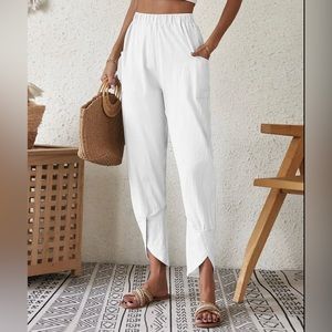 Womens White Tulip-Hem High-Waist Wide Leg Linen-Style Pants Large 8/10
